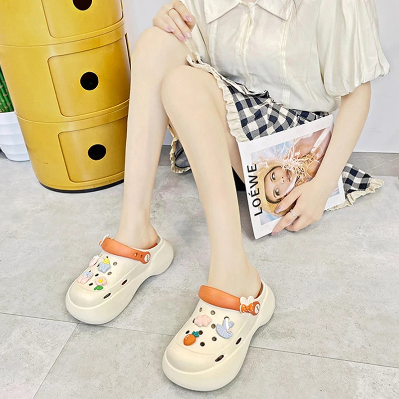 Women's Hole Shoes Elevated Thick Sole Shoes Cartoon Accessories Hole Sandals Anti Slip Beach Slippers