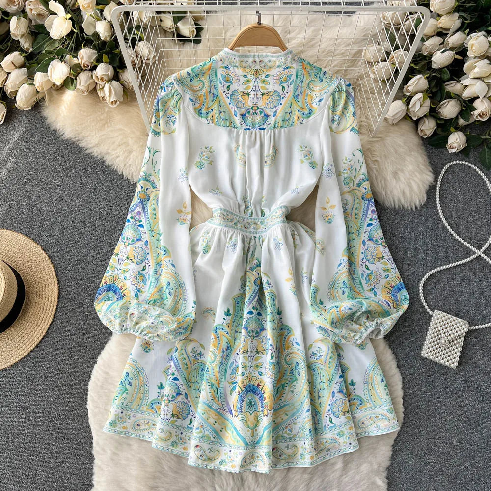 Elegant Party Dresses Women Vintage Paisley Print Dress  Spring Summer V Neck Long Sleeve Holiday Bohemian Mini Dress