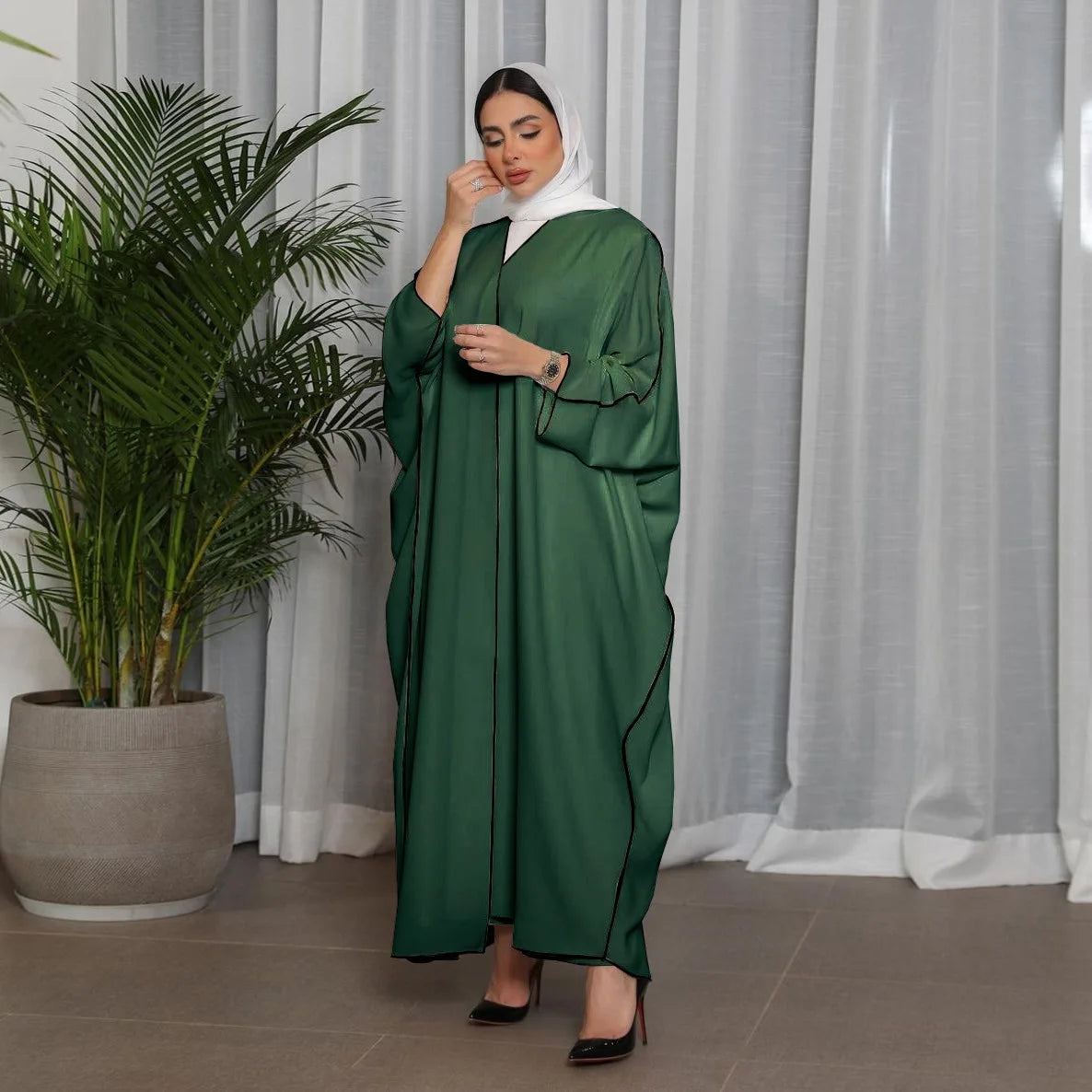 Open Front Long Sleeve Abaya Dress, Elegant Contrast Trim Maxi Length Dress, Women's Clothing