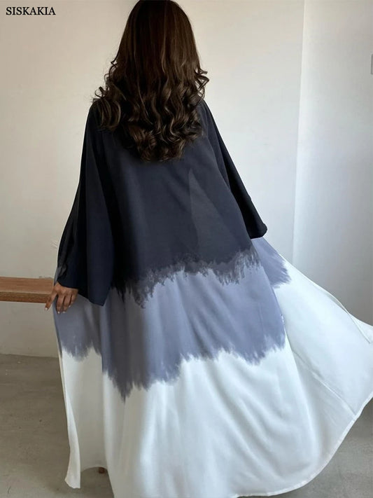 Muslim Fashion Tie Dyed Kimono Abaya for Women Summer Cloak Cardigan Robe Black White Grey Dubai Islamic Clothing