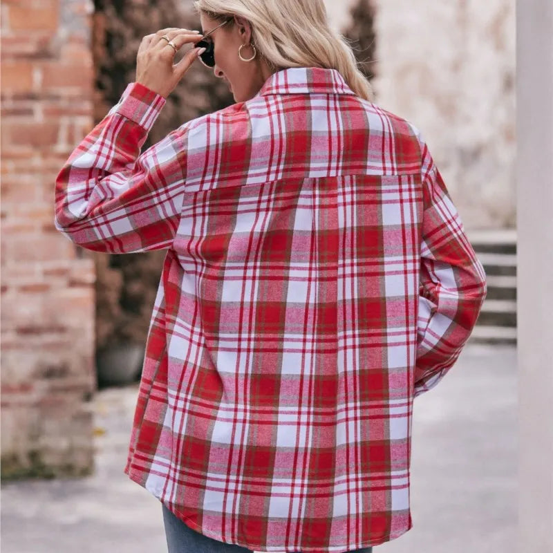 Leisure Fashion Loose Plaid Shirt Spring /Autumn Pocket Office Blouse Ropa Femenina Vintage Camisas  Blouses De  Tops Women