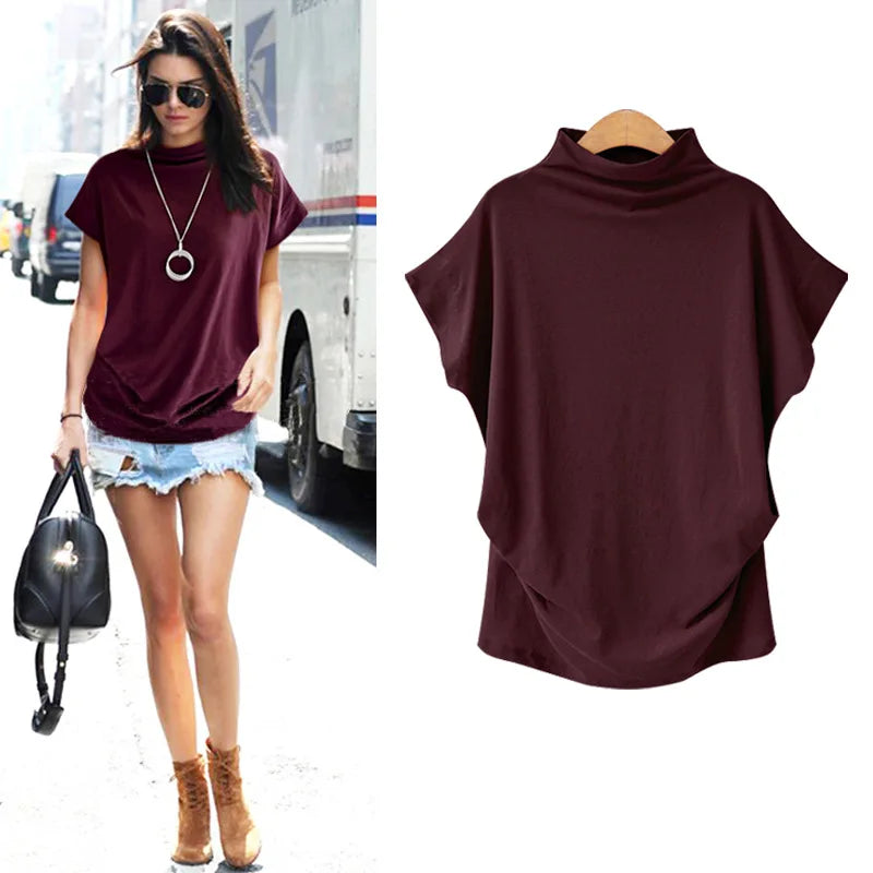 Women Tops Korean Style  Women Cotton Blouse Short Sleeve O-Neck Blouse Female Turtleneck Blouse