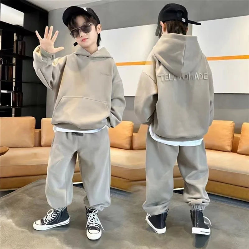 Junior Boys Autumn Hooded Suit Kids Fashion Embroidery Letter Sweatshirt + Casual Sweatpants 2 Pieces Set 3-14Y Spring Clothes