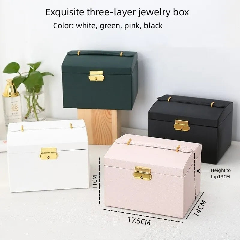 Multi Functional Three Layer Leather Drawer Style Jewelry Box Earrings Earrings Lock Jewelry Box