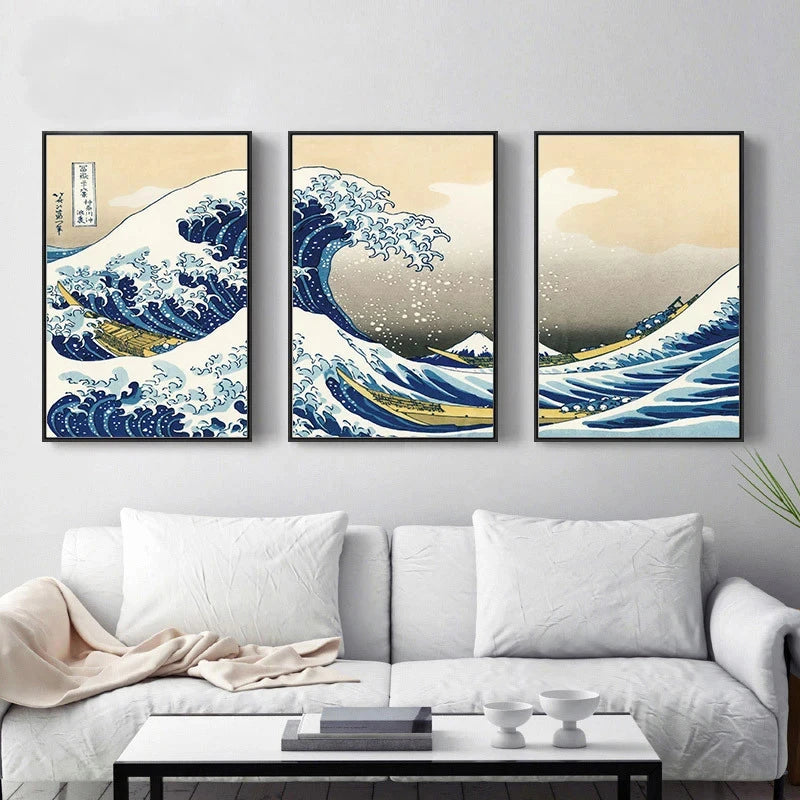 Japanese Wave Kanagawa 3 Panels Canvas Paintings Traditional Wall Art Posters and Prints Pictures For Living Room Home Decor