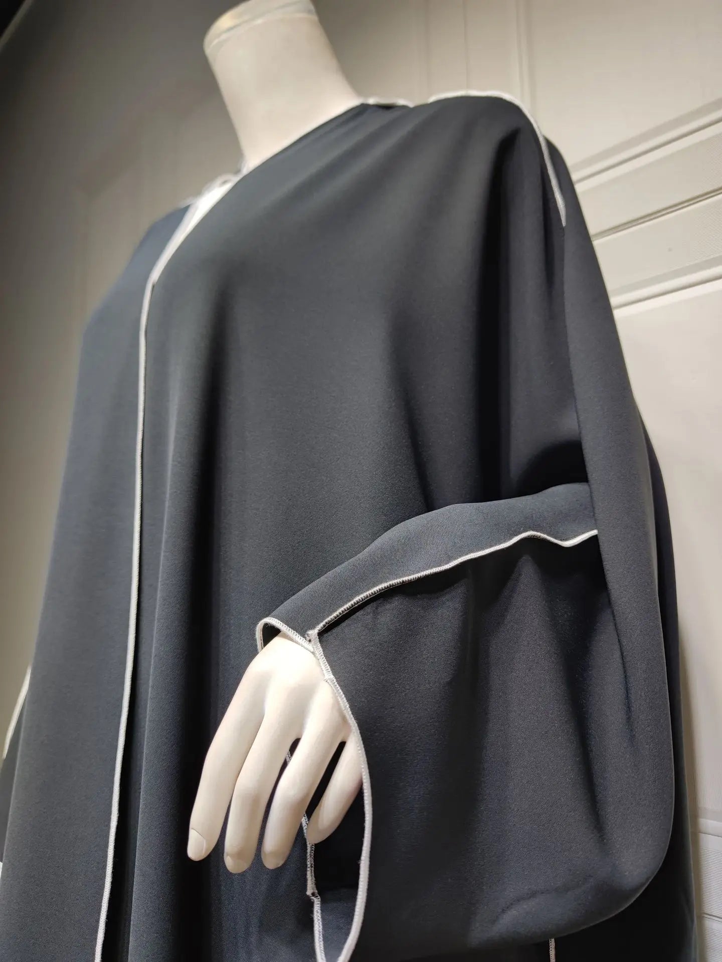 Open Front Long Sleeve Abaya Dress, Elegant Contrast Trim Maxi Length Dress, Women's Clothing