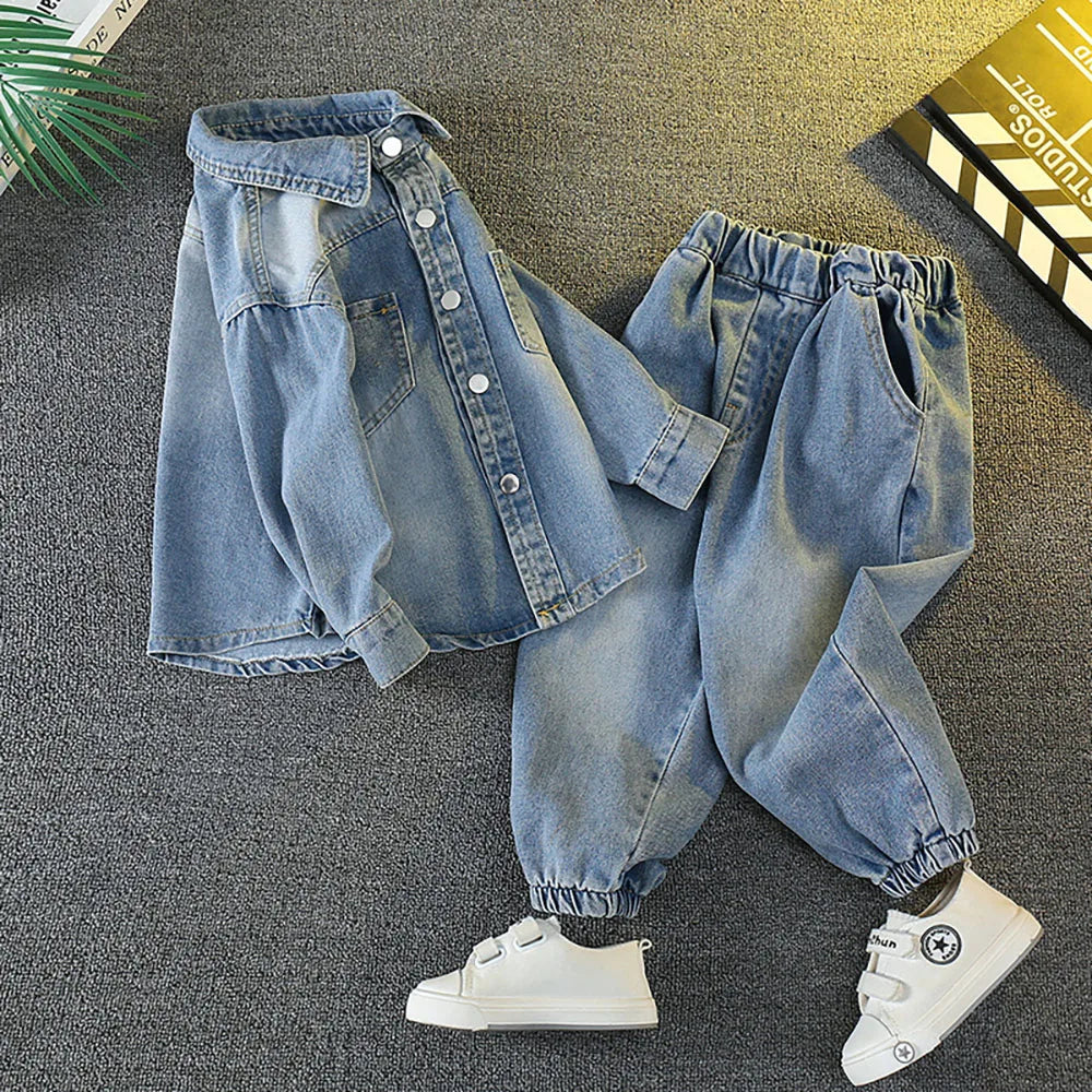 Boys Denim Coats Suit Spring Autumn Kids Long Sleeve Denim Shirts+Loose Jeans Pants Two-Piece Set Children Clothes