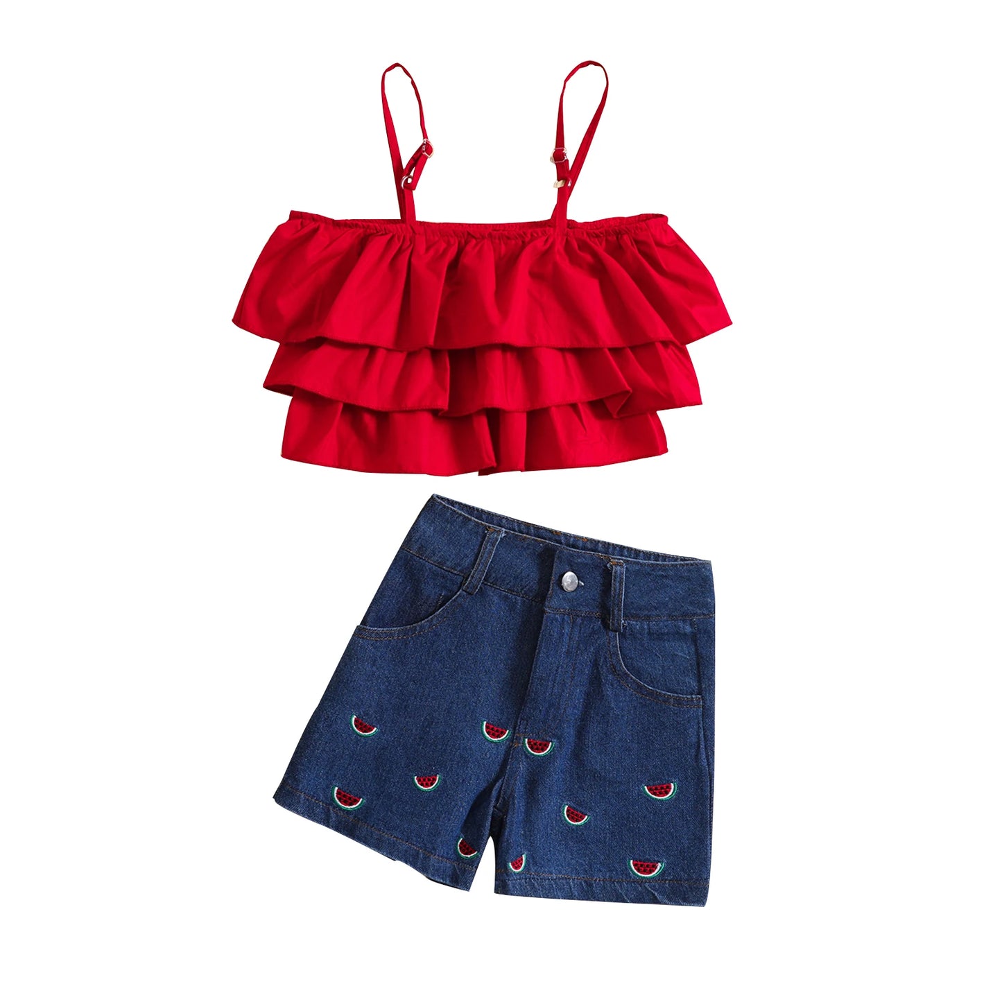 1-6 Year Old Toddler Baby Girl Clothes Watermelon Sunflower Print Ruffle Drop Shoulder Strap Top Shorts 2-Piece Summer Set