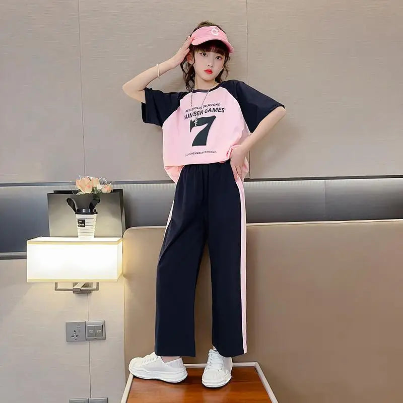 Girls Summer New Fashion Trendy Short Sleeve Suits 4 6 8 10 12 14 Years Youth Teenage Girls Korean Style 2Pcs Tees Clothes