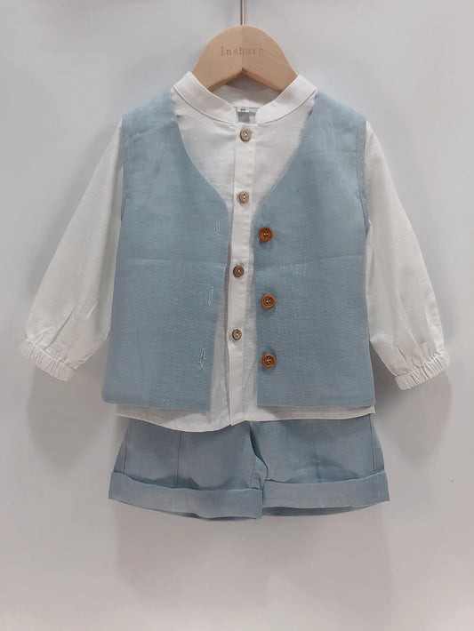Boys Pure Linen 3Pcs Set Long-Sleeved Shirt Blue Shorts Vest Suit Retro Elegant Birthday Party Clothing Breathable Skin-Friendly