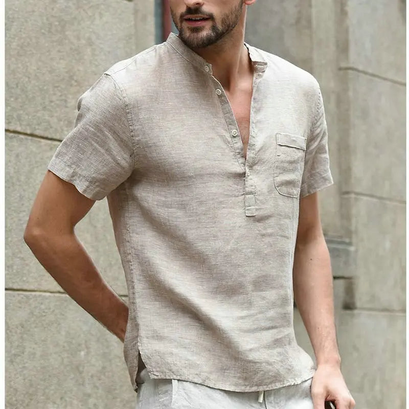 High Quality  Men'S Linen V Neck Bandage T Shirts Male Solid Color Long Sleeves Casual Cotton Linen Tshirt Tops