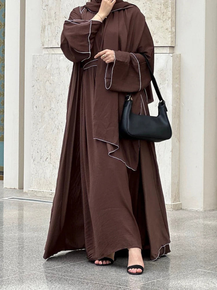 Eid Muslim Abaya for Women 3 Piece Set Abayas & Inner Dress & Headscarf Eid Prayer Dress Lace-up Ramadan Long Robe