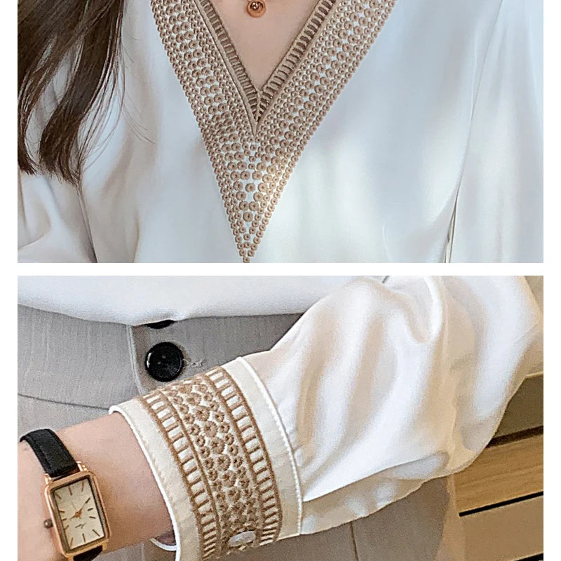 Women Elegant Chiffon Shirts New Fashion White V Neck Casual Loose Long Sleeve Blouses Top