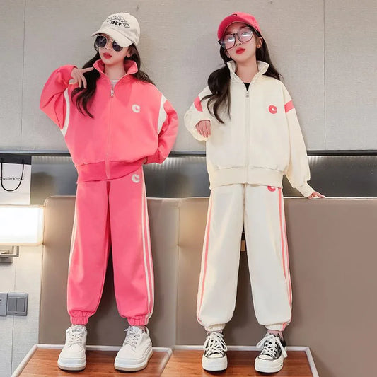 Spring Teenage Girl Clothes Embroidery Jacket Coat and Stripe Pants Outfit Children Casual Top and Bottom 2 Piece Suit Tracksuit