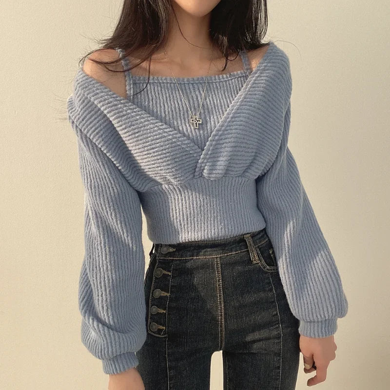 Knitted Sweaters Two Piece Korean Fashion Slim Sleeveless Strap Tank + V Neck Long Puff Sleeve Pullover Crop Top Dropshipping