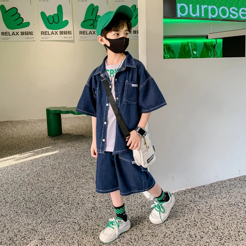 Boys Summer Denim Short Sleeve Coat + Shorts 2Pcs/Set Kids Outfits Korean Style Children Fashion Clothing Suits