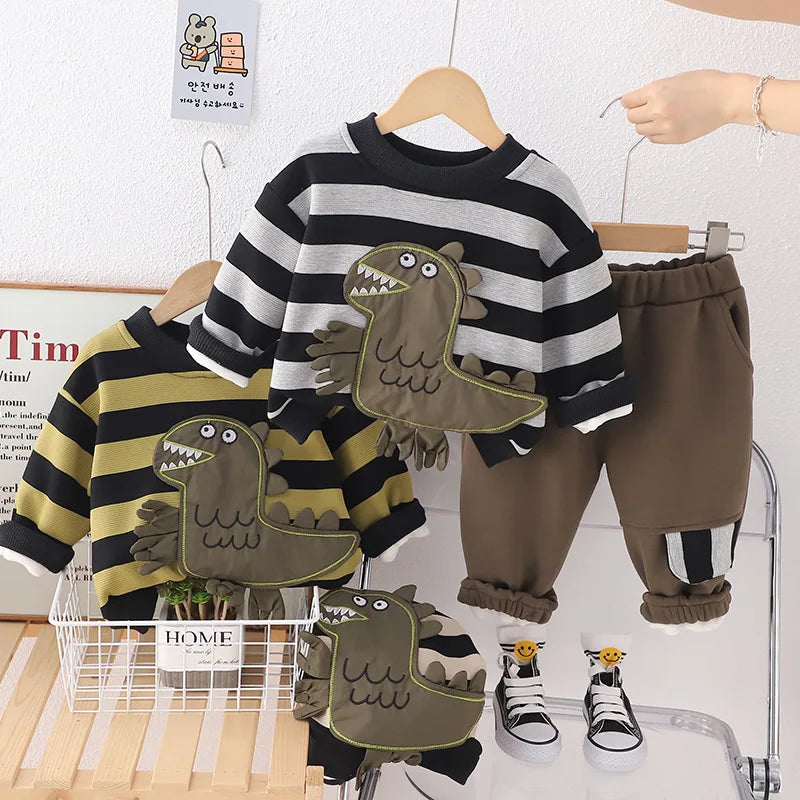 stripes Dinosaur Kids Boys Sweatshirt + Pants Set winter New Baby Boys Clothes Toddler 2 Pcs Outfit