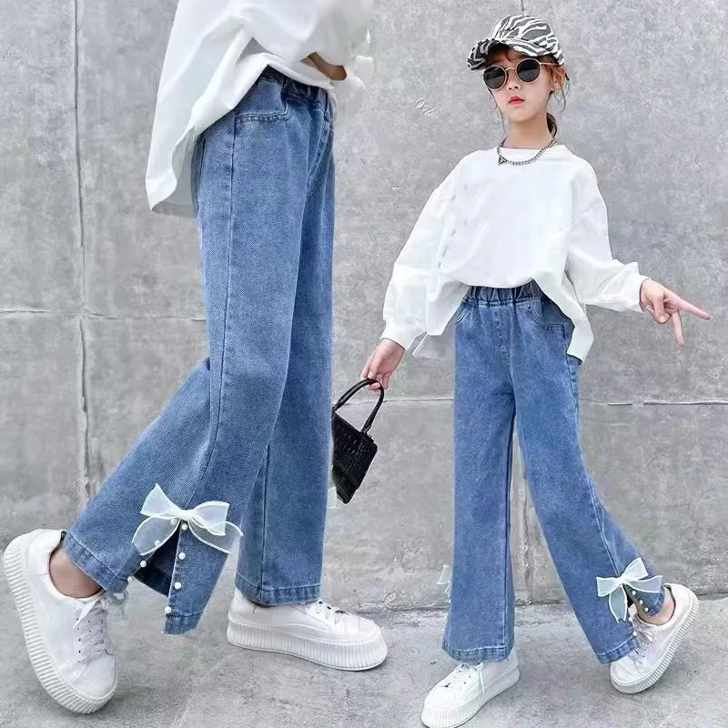 Children's High Waisted Straight Fit Ripped Jeans With Holes For Girls Casual Denim  kids Pants