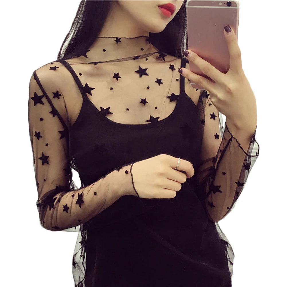 Women Fashion T-Shirts Mesh Sheer Party Long Sleeve Blouses Lady Sheer Fishnet See Through Transparent Top Lace Top Blouse