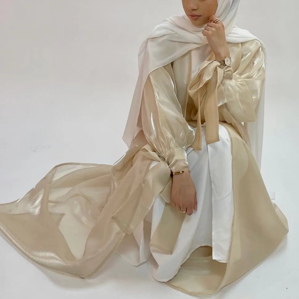 Abaya Puff Sleeves Dress Silky Kaftans for Women Robe Kimono Islam Abayas Femme Musulmane