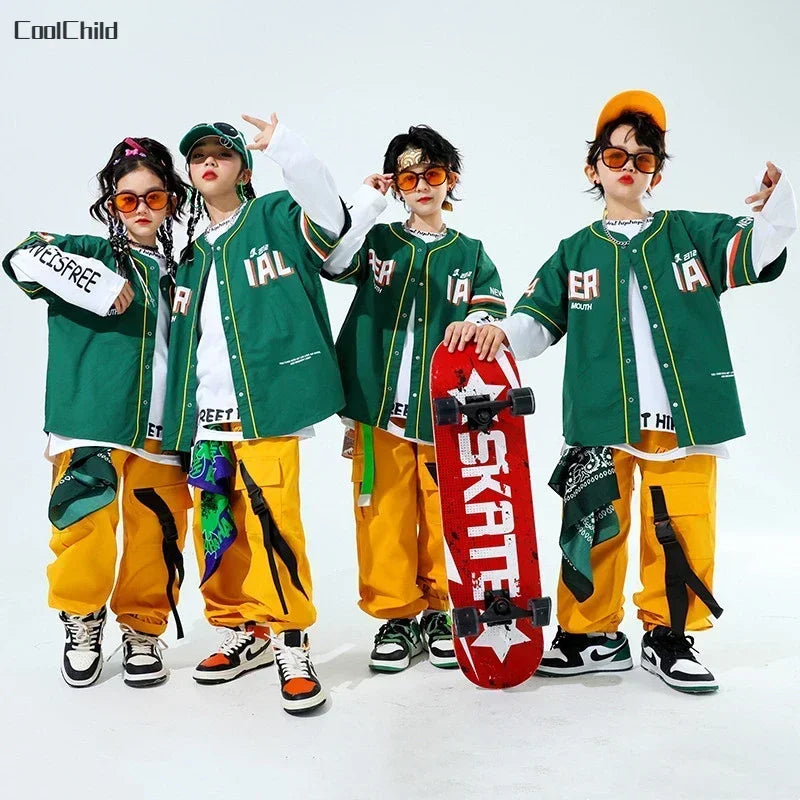 Hip Hop Boys Fashion Baseball Jacket Solid Caro Pants Girls Cool Streetwear Children Jazz Clothes Sets Kids Street Dance Costume