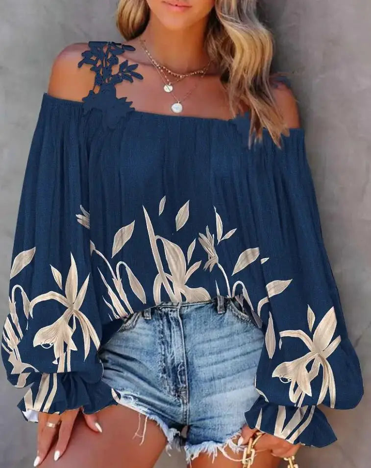 Women's Blouse Tops New Casual Plants Print Lace Patch Cold Shoulder Top Fashion Female Shirt for Women Clothing