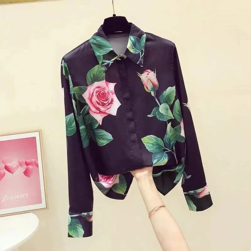 Women Spring Summer Satin blouses Blouses Shirt Lady Casual Long Sleeve Turn-down Collar Print Slim Tops