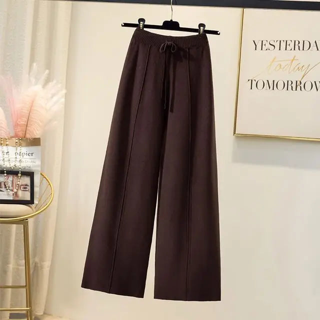 Autumn Winter Knitted Pants Women Wide Leg High Waisted Trousers Casual Soft Thicken Warm Straight