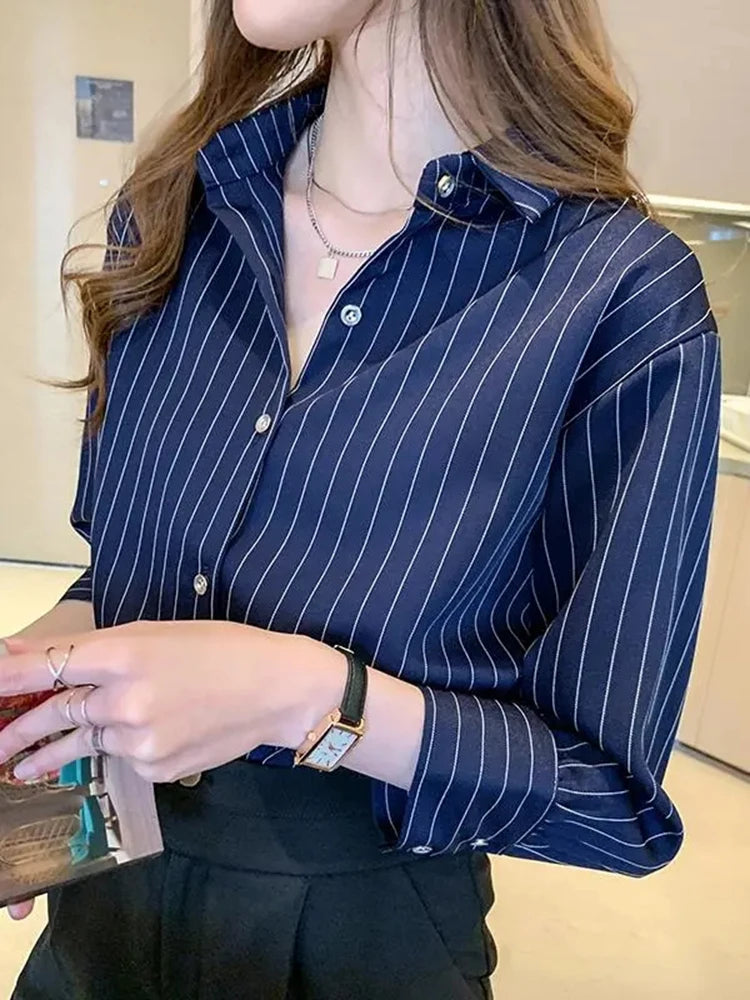 Classic Striped Shirts Women Spring Autumn Polo-neck Single-breasted Long Sleeve Cardigan Blouse Fashion Office Shirt Top Women