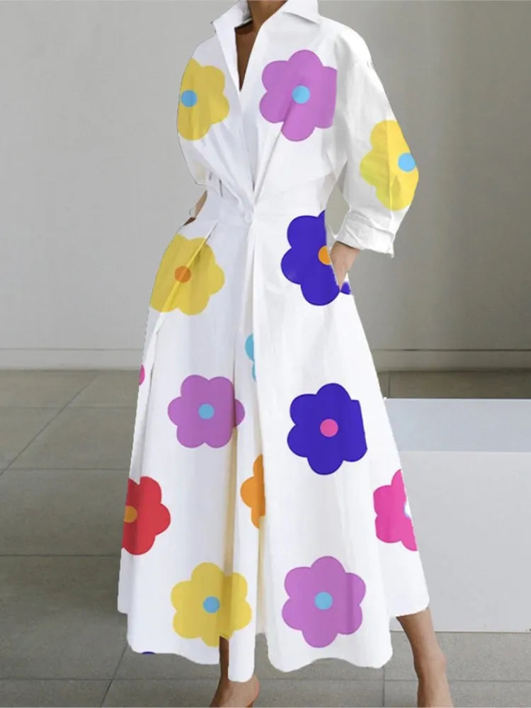 Autumn Turn-down Shirts Midi Dress Long Sleeves , Elegant Pockets Commute