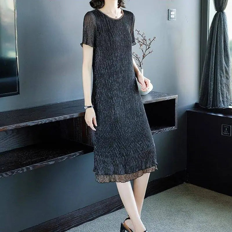 Women's Clothing  O-neck Patchwork Ladies Midi Dress Summer Korean Pullovers Solid Color Short Sleeve New Straight Dresses