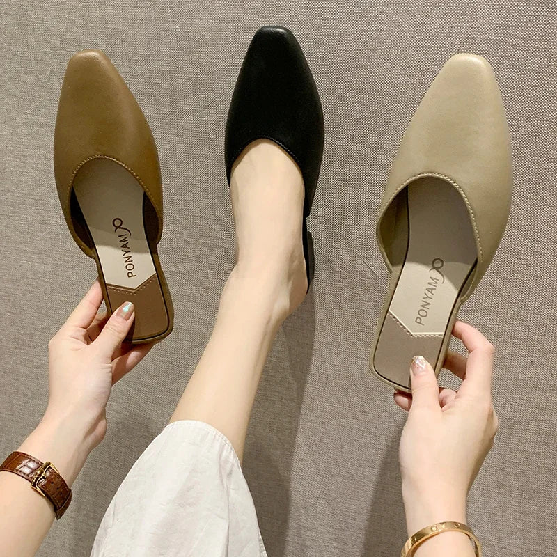 Women's Summer Mules Elegant Soft Leather Ladies Closed Toe Non-Slip Comfortable Flat-bottomed Low-heeled Sandals and Slippers