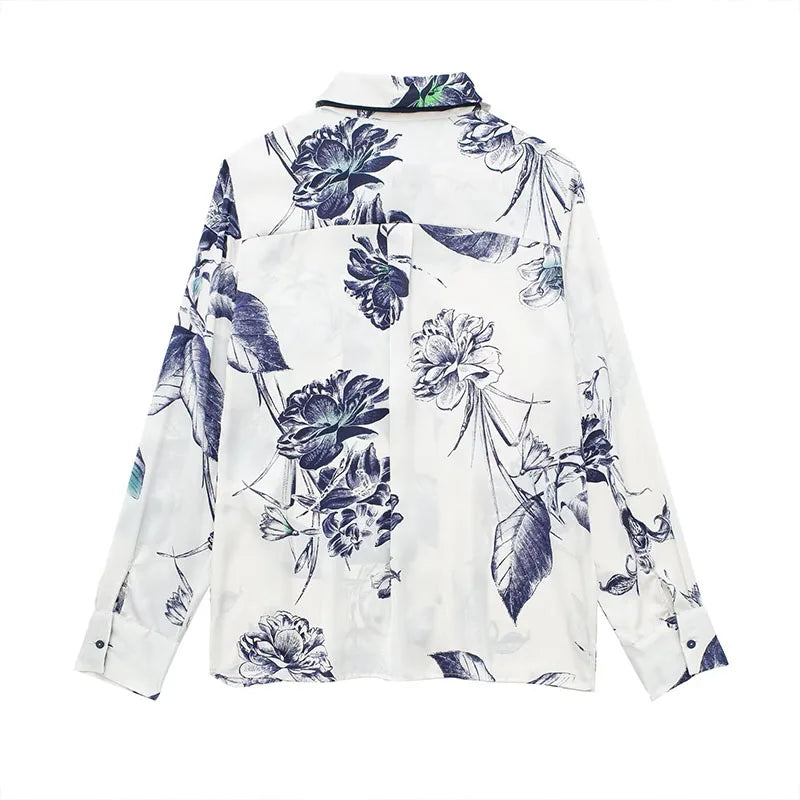 Casual Bow Printed Shirt Lapel Women's Slim Long Sleeve Short Blouse Single Breasted Blouse