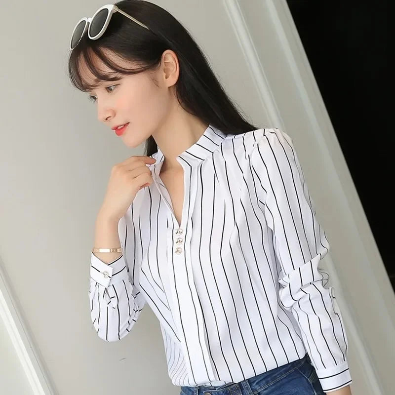 Women's Blouses Work Shirts Long Sleeve Women Tops Fashion Casual White Stripe Print Female Slim Shirt