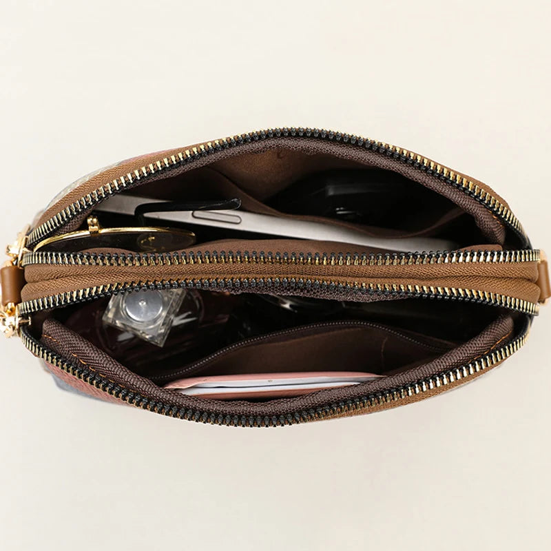 Color Block Shoulder Bags for Women National Style Double Zipper Crossbody Bag Ladies PU Leather Wallet Fashion Handbags