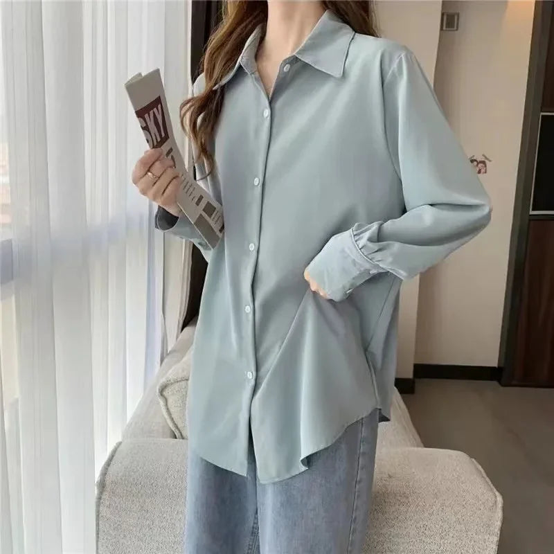 Casual Shirts Women Loose All-match Solid Candy Colors Single Breasted Tops Chic Turn-down Collar Long Sleeve Blouses Students