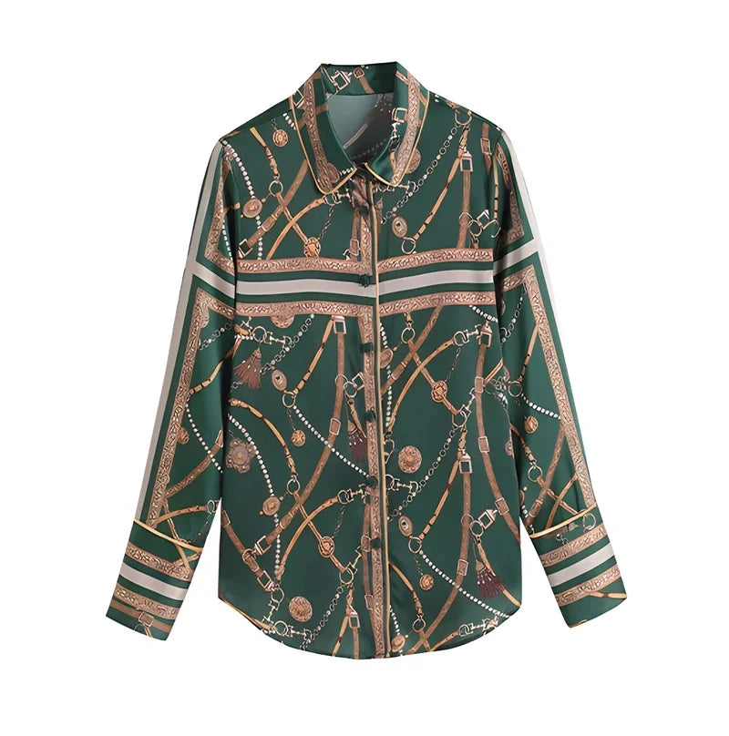 Women Spring Summer Satin blouses Blouses Shirt Lady Casual Long Sleeve Turn-down Collar Print Slim Tops