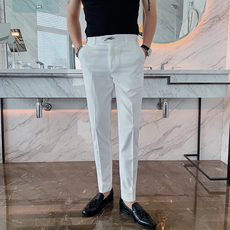 Black White Embroidered Business Formal Pants Men Korean Style Slim Suit Pants High Quality Streetwear Ankle Pants