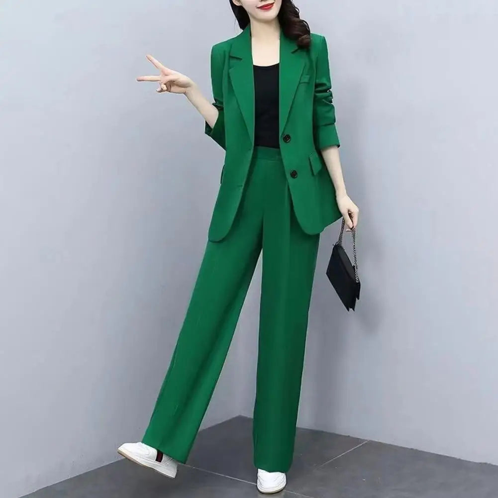 Women  Suits Fashion Single Buttons Business Blazer Solid Casual Coat Trousers 2 Pcs Set  Wear Wide-Leg Pants