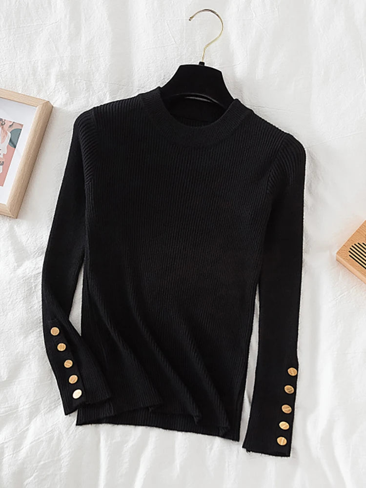 women thick sweater pullovers khaki casual autumn winter button o-neck chic sweater female slim knit top soft jumper tops