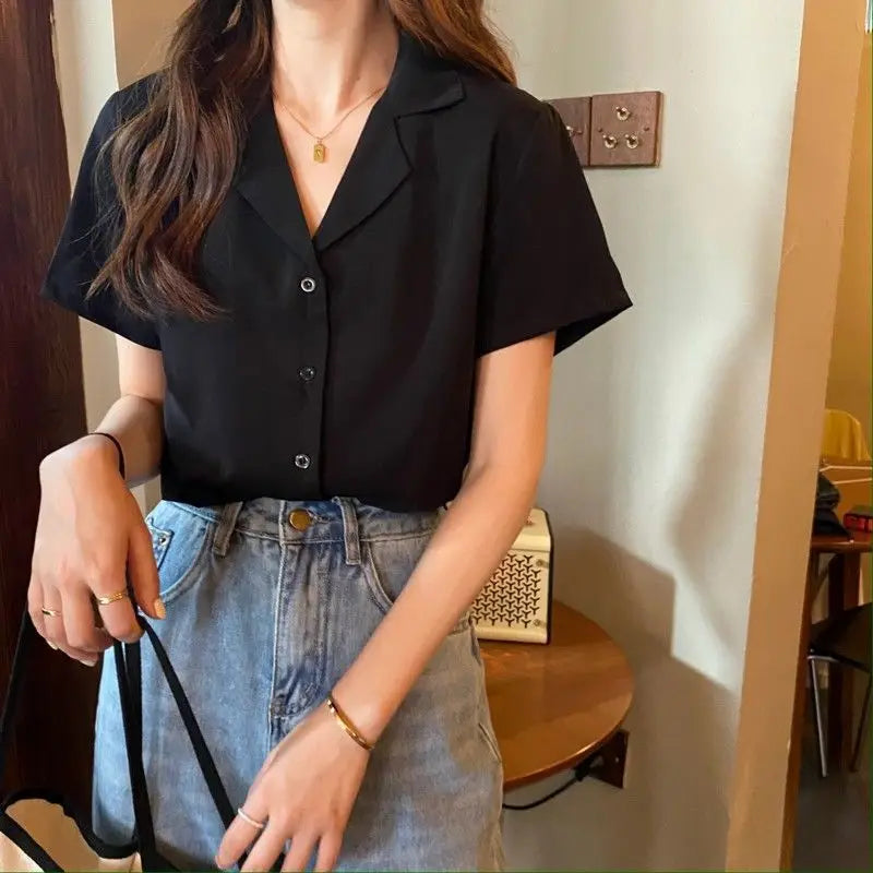 Shirts Women Korean Short Sleeve Turn Down Collar Loose Blouse Retro Elegant All Match Solid Basic Casual Top