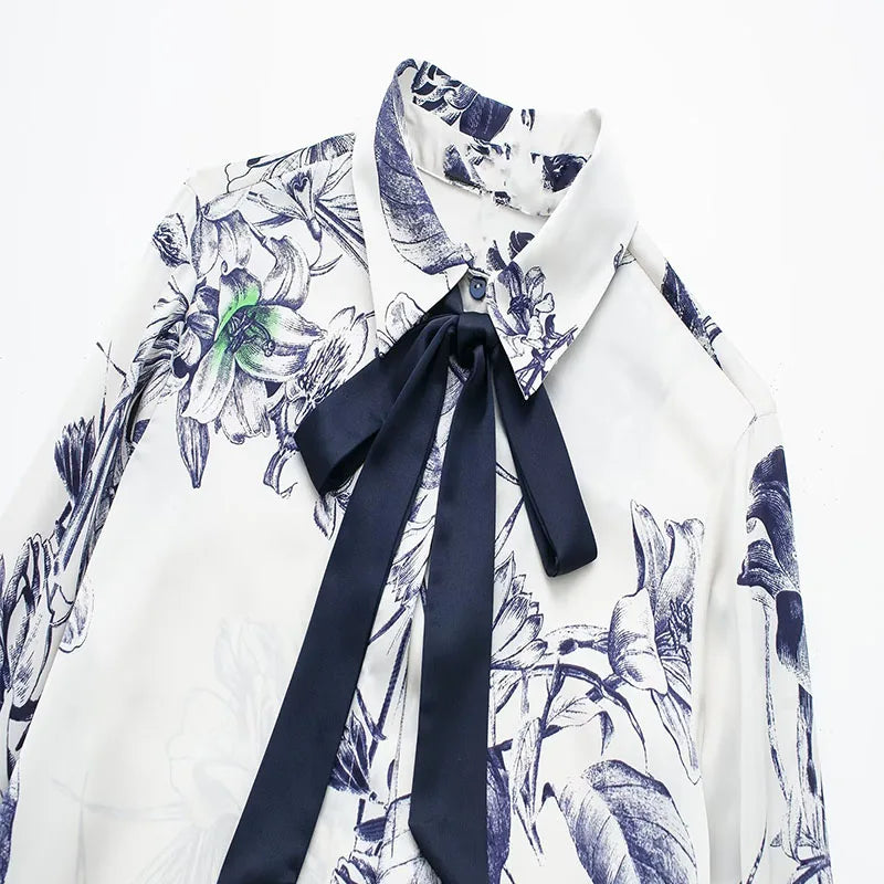 Casual Bow Printed Shirt Lapel Women's Slim Long Sleeve Short Blouse Single Breasted Blouse