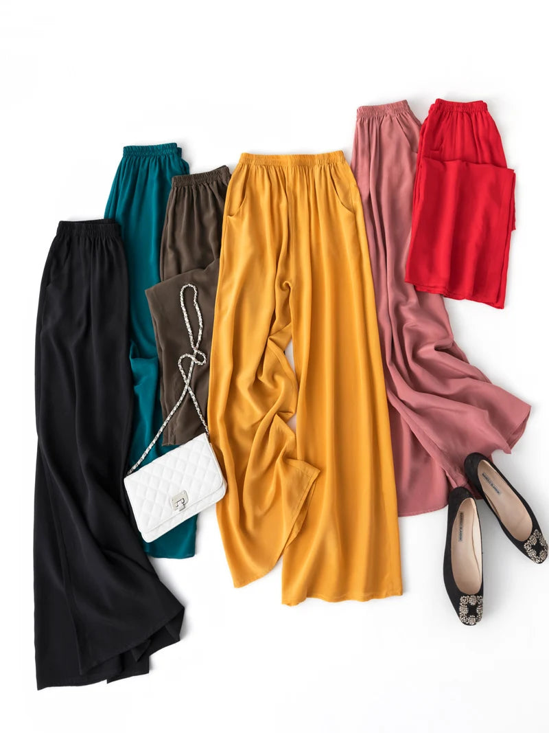 Women Wide Leg Pants 100%Real Silk Solid Elastic Waisted Ankle-length  Office Spring Autumn Chic Trousers Black