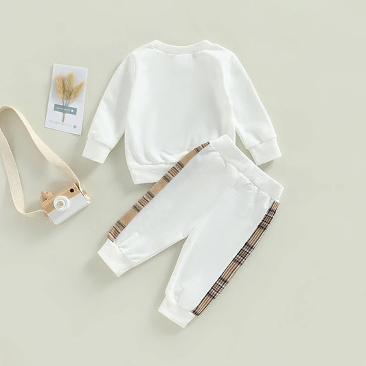 Newborn Baby 2Pcs Fall Outfits Long Sleeve Plaid Bear Pattern Pullover Tops and Pants Set 0-24M