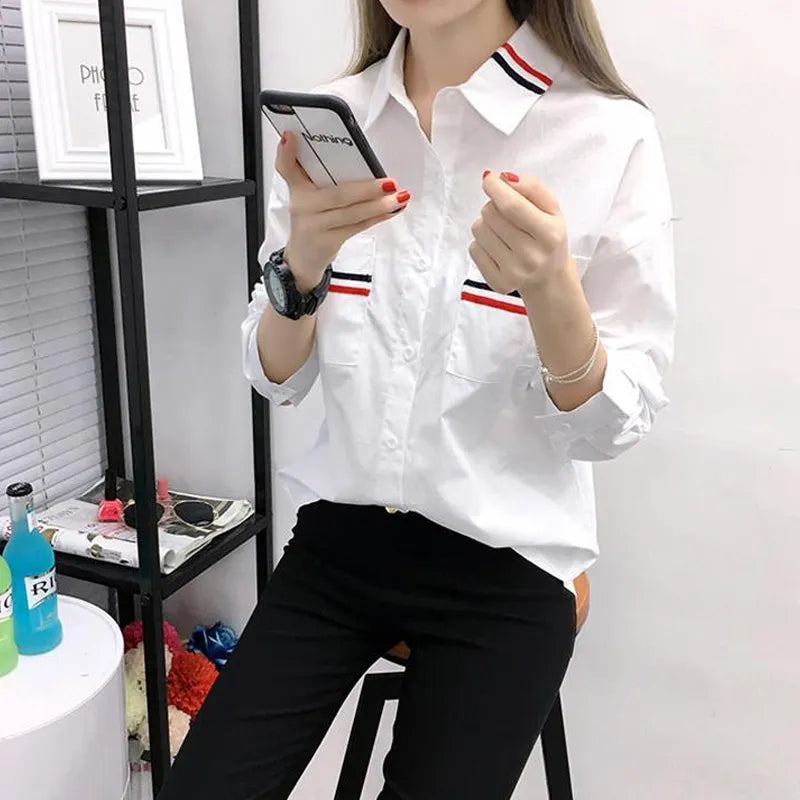 Long Sleeve Loose Turn-down Collar Spring Summer Business Casual Patchwork Pockets Solid Simplicity Blouses Women's Clothing