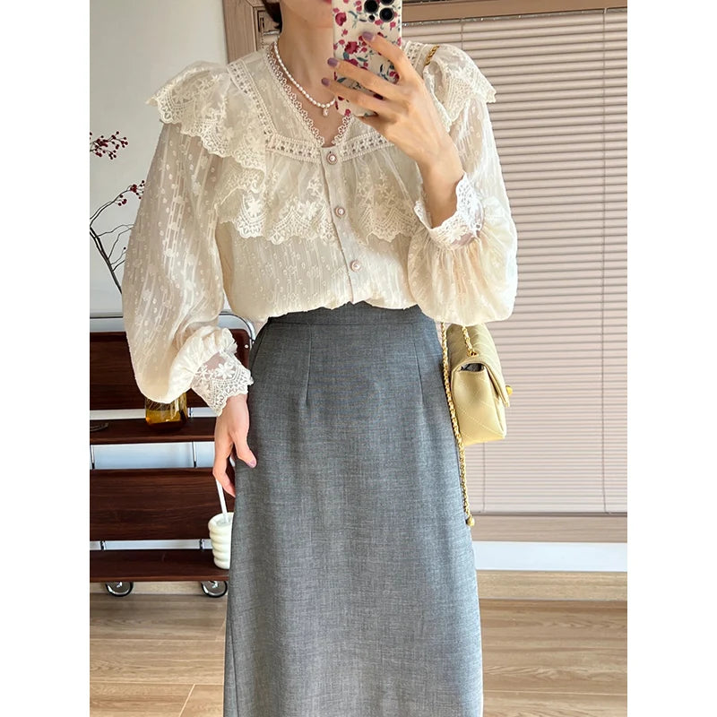 French Women Shirts Lace Lolita Elegant Long Sleeve Flounce Blouse High Quality  Chic Female Tops