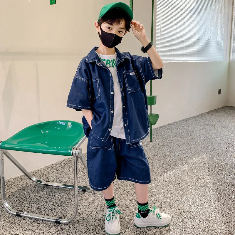Boys Summer Denim Short Sleeve Coat + Shorts 2Pcs/Set Kids Outfits Korean Style Children Fashion Clothing Suits