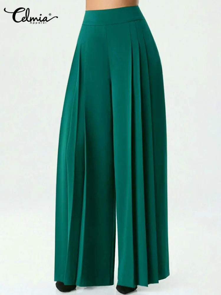 Elegant Women Pants Fashion Pleated Wide Leg Pants Casual Elastic High Waist Long Trousers Solid Party Thin Pantalon