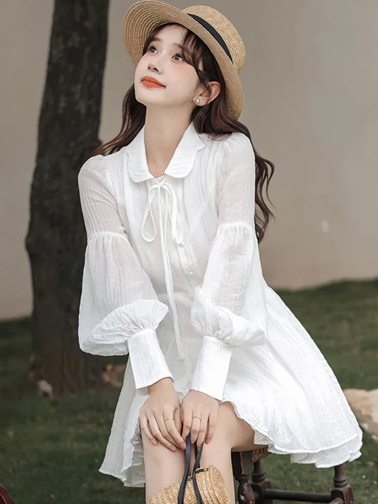 Spring Summer White Chiffon Bow Polo Collar Mini Dress 2024 New Elegant Bodycon Ruffled Dress Women Korean Casual Party Vestidos