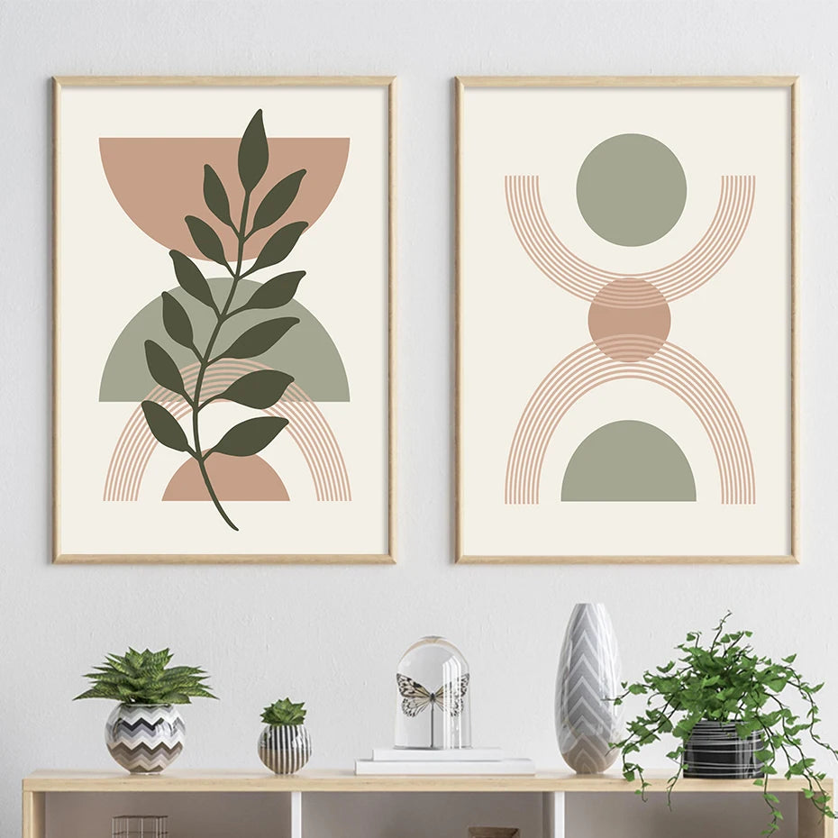 Boho Abstract Orange Green Leaf Semicircle Poster Minimalist Wall Art Print Picture Botanical Canvas Painting Living Room Decor